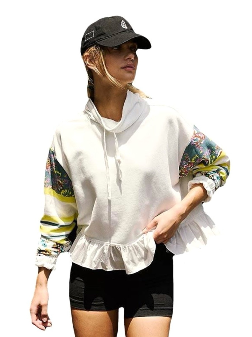 FP Movement by Free People Floral Sleeve Ruffle Hem Funnel Neck Sweatshirt Sz M